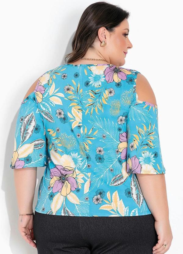 Outlet - Blusa Floral Azul com Vazado na Manga Plus Size 2