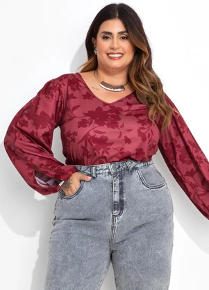 Marguerite - Blusa Floral Bordô em Jersey Acetinado - MARGUERITE
