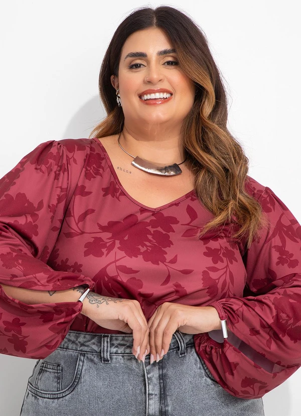 Marguerite - Blusa Floral Bordô em Jersey Acetinado 3