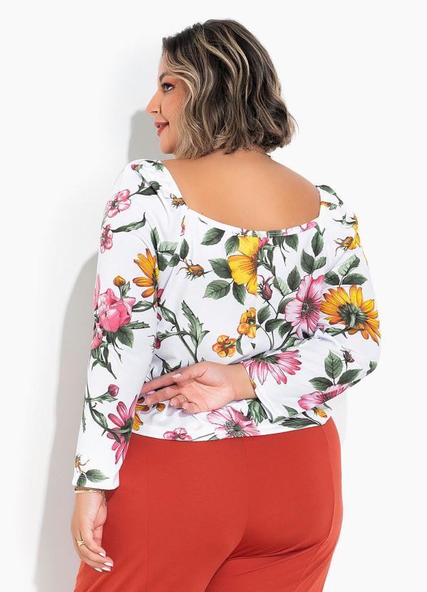 Marguerite - Blusa Floral Branca Babado no Decote Plus Size 3