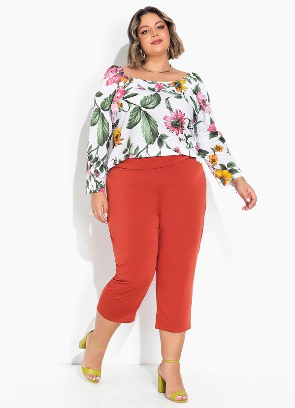 Marguerite - Blusa Floral Branca Babado no Decote Plus Size 2