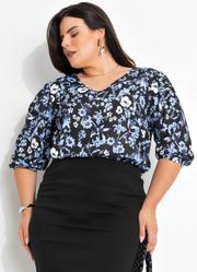 Blusa Floral Dark Azul em Jersey Acetinado