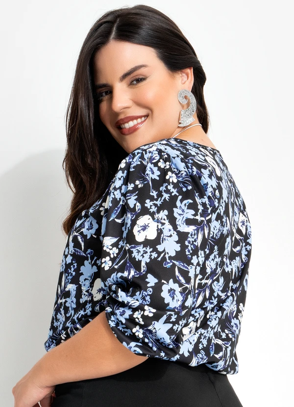 Marguerite - Blusa Floral Dark Azul em Jersey Acetinado 2