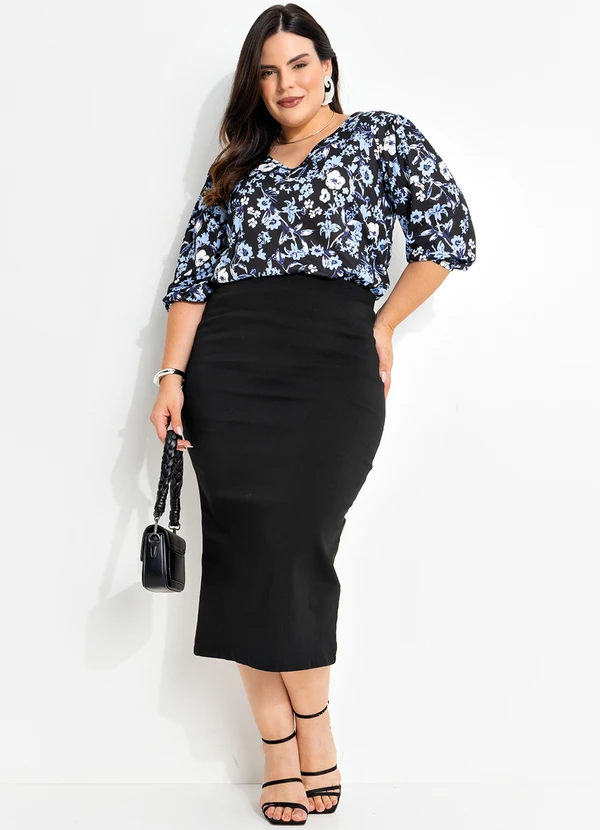 Marguerite - Blusa Floral Dark Azul em Jersey Acetinado 3