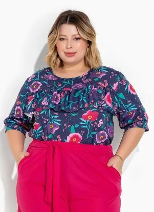Marguerite - Blusa Floral Marinho com Babado Plus Size - MARGUERITE