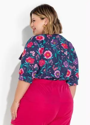 Marguerite - Blusa Floral Marinho com Babado Plus Size - MARGUERITE
