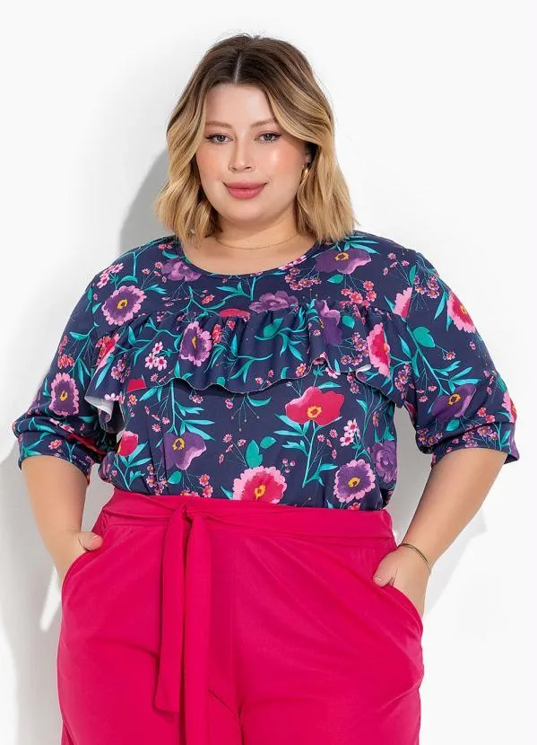 Marguerite - Blusa Floral Marinho com Babado Plus Size