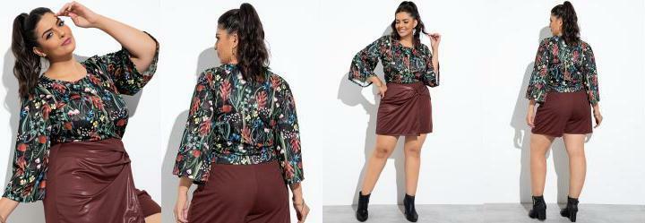 Blusa Floral Preta em Jersey Acetinado