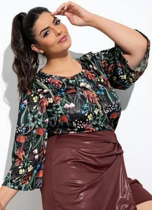 Marguerite - Blusa Floral Preta em Jersey Acetinado - MARGUERITE