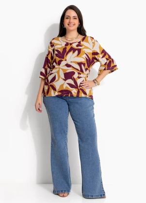 Marguerite - Blusa Floral Roxo em Malha de Viscose com Elastano - MARGUERITE