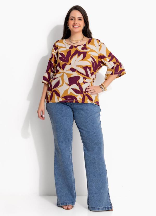 Blusa Floral Roxo em Malha de Viscose com Elastano