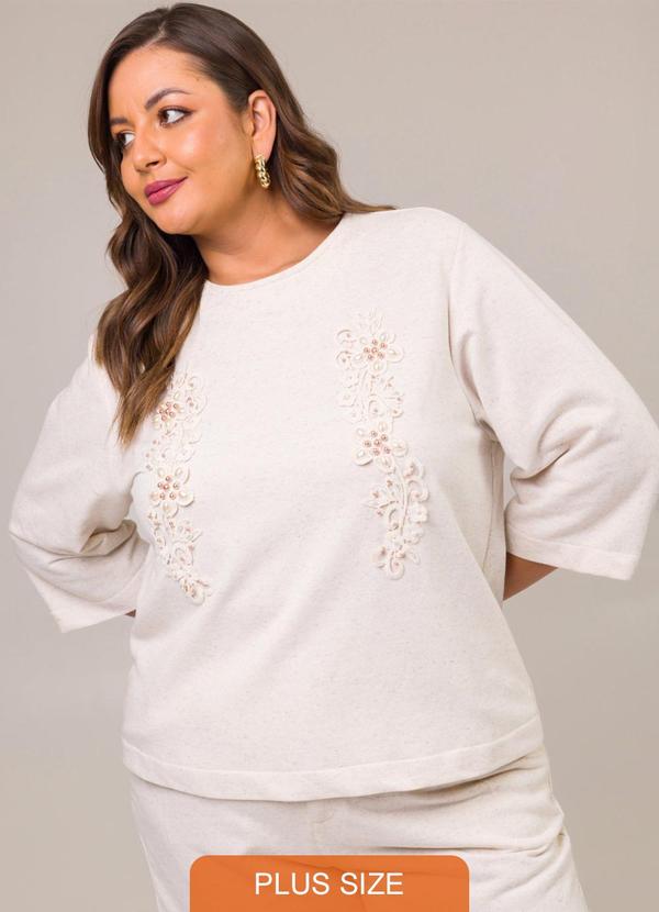 Cess - Blusa Manga 3/4 em Moletinho com Linho Branco