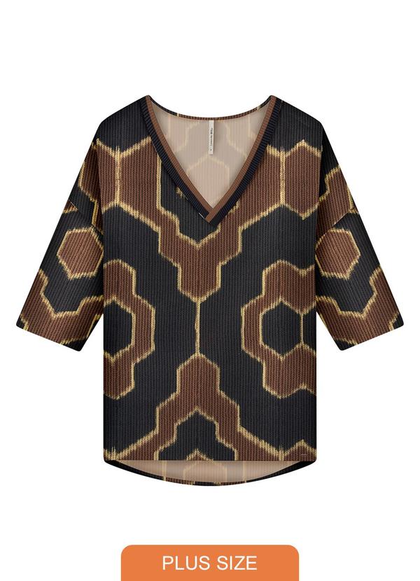 Lunender Mais Mulher - Blusa Manga 3/4 Plus Size Estampada com Decote V Marrom