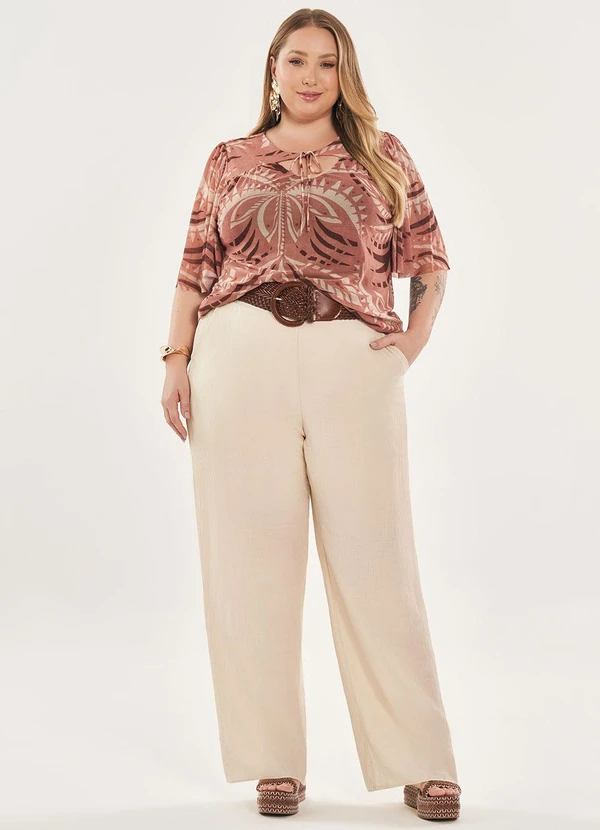 Lisamour - Blusa Manga Curta Estampada Marrom