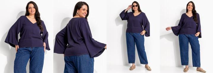 Blusa Marinho em Tecido de Viscose Sarjada e Costura Contrastante