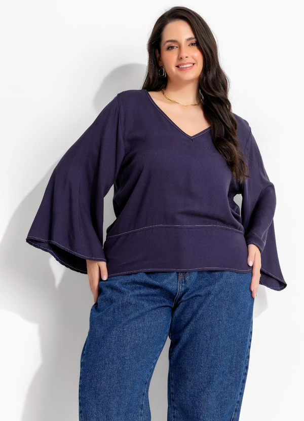 Marguerite - Blusa Marinho em Tecido de Viscose Sarjada e Costura Contrastante