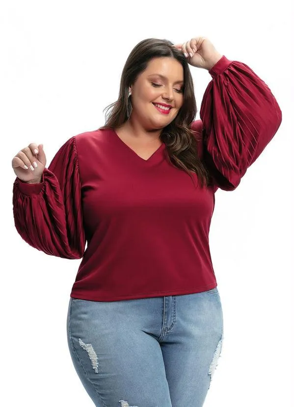 Outlet - Blusa Plus Size Bordo com Mangas Plissadas