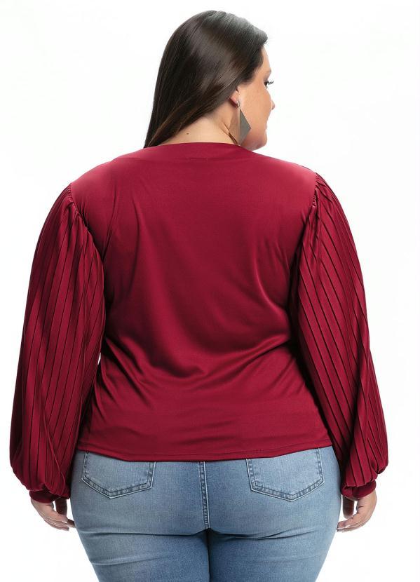 Outlet - Blusa Plus Size Bordo com Mangas Plissadas 2