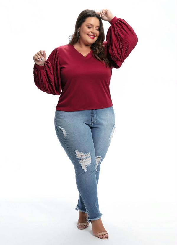 Outlet - Blusa Plus Size Bordo com Mangas Plissadas 3