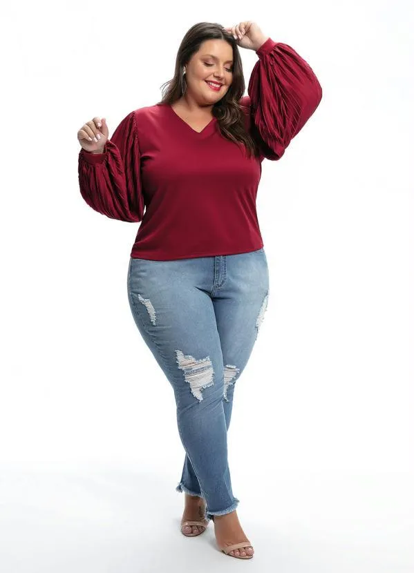 Queima Estoque - Blusa Plus Size Bordo com Mangas Plissadas 5