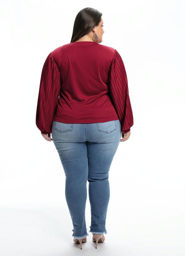 Outlet - Blusa Plus Size Bordo com Mangas Plissadas 4