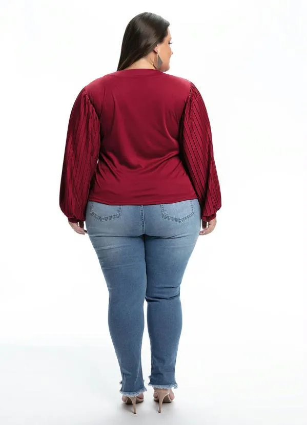 Queima Estoque - Blusa Plus Size Bordo com Mangas Plissadas 4
