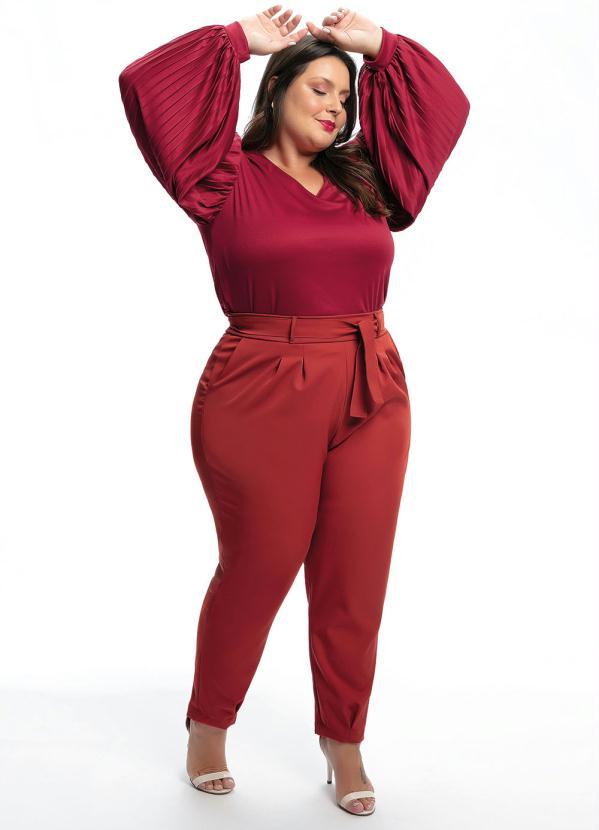 Outlet - Blusa Plus Size Bordo com Mangas Plissadas 5