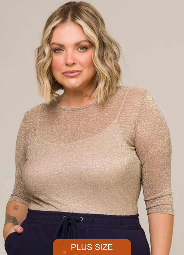 Cess - Blusa Plus Size em Tule com Brilho Lia Bege
