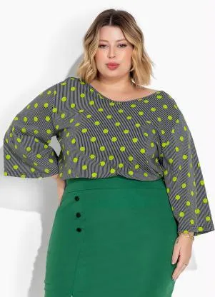Marguerite - Blusa Poá e Listras com Mangas Amplas Plus Size - MARGUERITE