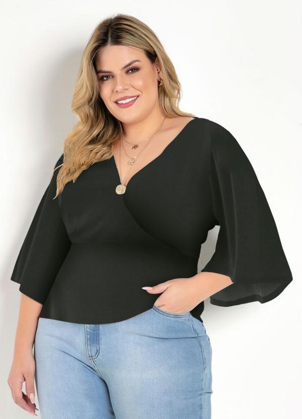 Blusa (Preto) com Transpasse Plus Size