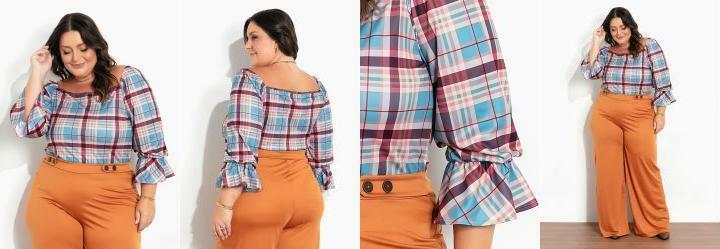 Blusa Xadrez Marrom com Babado Plus Size