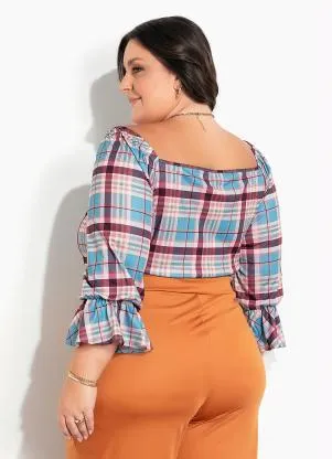 Marguerite - Blusa Xadrez Marrom com Babado Plus Size - MARGUERITE