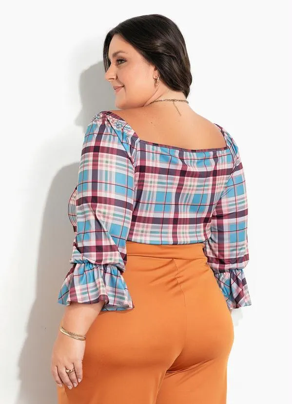 Marguerite - Blusa Xadrez Marrom com Babado Plus Size 2