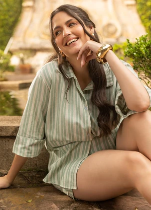 Marguerite - Camisa Listrado Verde em Tricoline - MARGUERITE