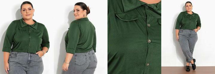 Camisa Plus Size Verde Militar com Lapelas