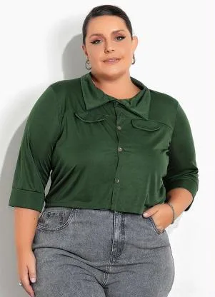 Marguerite - Camisa Plus Size Verde Militar com Lapelas - MARGUERITE