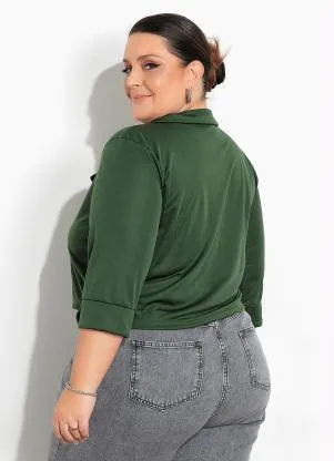 Marguerite - Camisa Plus Size Verde Militar com Lapelas - MARGUERITE