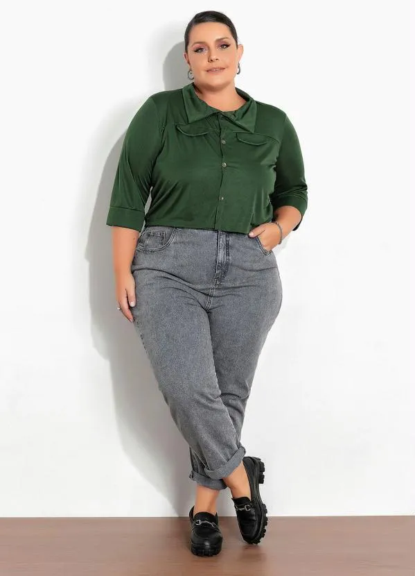 Marguerite - Camisa Plus Size Verde Militar com Lapelas 2