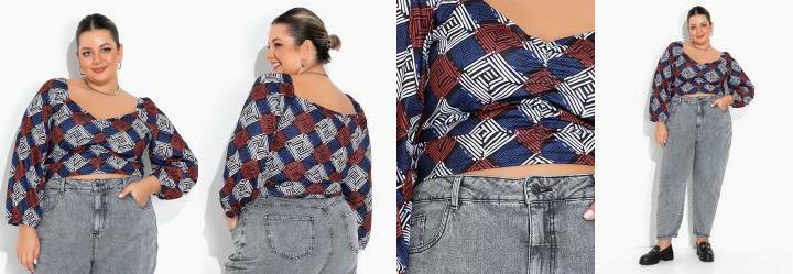 Cropped Geomtrico Azul com Elstico Plus Size