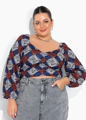 Marguerite - Cropped Geométrico Azul com Elástico Plus Size - MARGUERITE