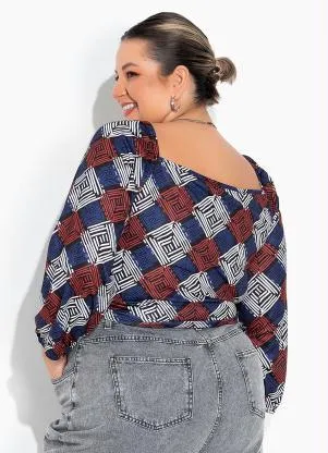 Marguerite - Cropped Geométrico Azul com Elástico Plus Size - MARGUERITE