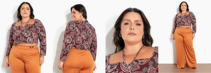 Cropped Paisley Bord Gota no Decote Plus Size
