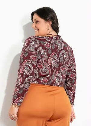 Marguerite - Cropped Paisley Bordô Gota no Decote Plus Size - MARGUERITE