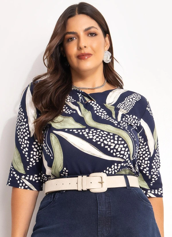 Marguerite - Blusa Abstrato Marinho em Malha de Viscose