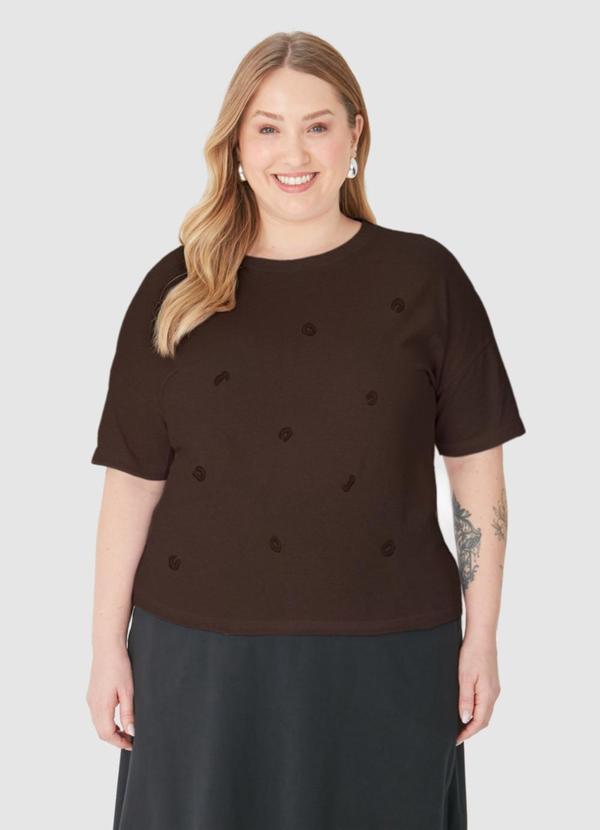 Malwee - Blusa Ampla Animal Print Bordado Marrom