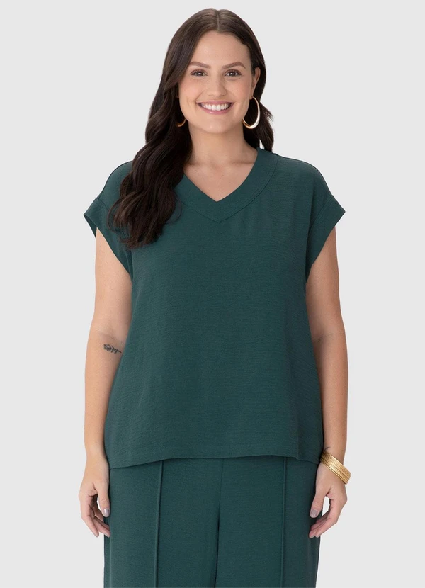 Malwee - Blusa Ampla Decote "V" Plus Verde Petróleo