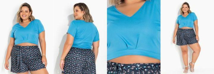 Blusa Azul Anil com Punho na Barra Plus Size