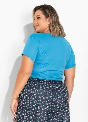 Marguerite - Blusa Azul Anil com Punho na Barra Plus Size - MARGUERITE