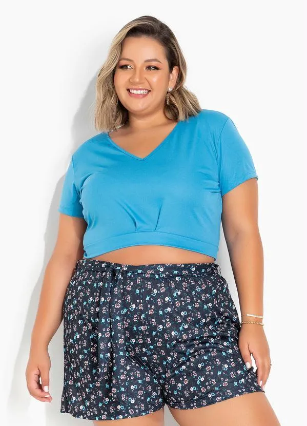 Marguerite - Blusa Azul Anil com Punho na Barra Plus Size