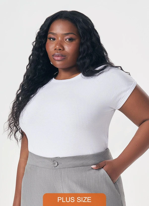 Lisamour - Blusa Canelada de Manga Curta Branca